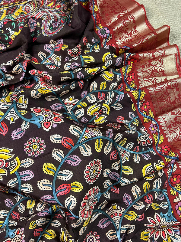 Brown color Pure Chanderi Kalamakari Printed Saree with Banarasi Borders | Kalamkari Prints | Gift For Her | Kaash Collection - Kaash
