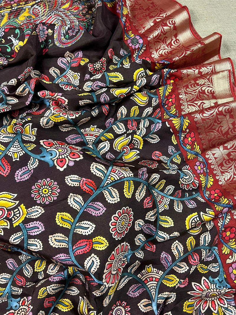 Brown color Pure Chanderi Kalamakari Printed Saree with Banarasi Borders | Kalamkari Prints | Gift For Her | Kaash Collection - Kaash