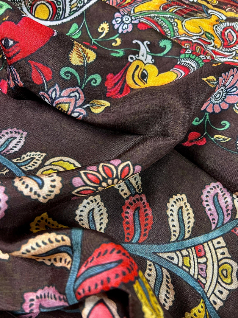 Brown color Pure Chanderi Kalamakari Printed Saree with Banarasi Borders | Kalamkari Prints | Gift For Her | Kaash Collection - Kaash