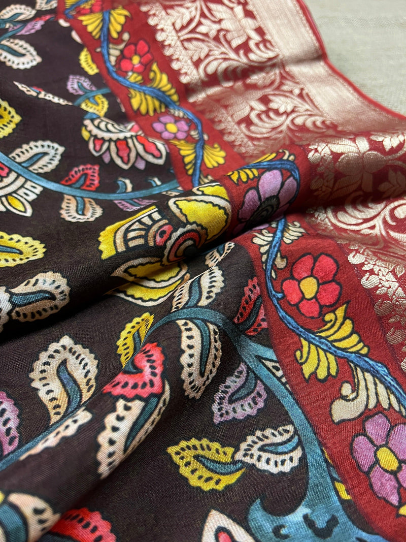 Brown color Pure Chanderi Kalamakari Printed Saree with Banarasi Borders | Kalamkari Prints | Gift For Her | Kaash Collection - Kaash