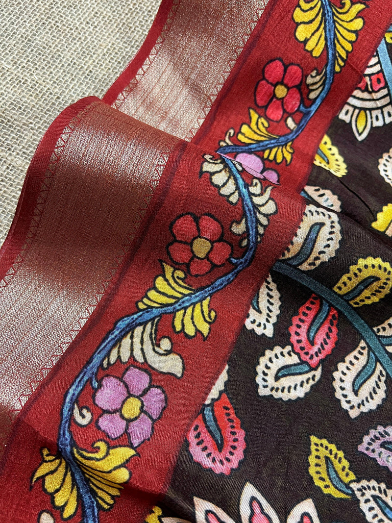 Brown color Pure Chanderi Kalamakari Printed Saree with Banarasi Borders | Kalamkari Prints | Gift For Her | Kaash Collection - Kaash