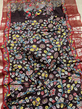 Brown color Pure Chanderi Kalamakari Printed Saree with Banarasi Borders | Kalamkari Prints | Gift For Her | Kaash Collection - Kaash