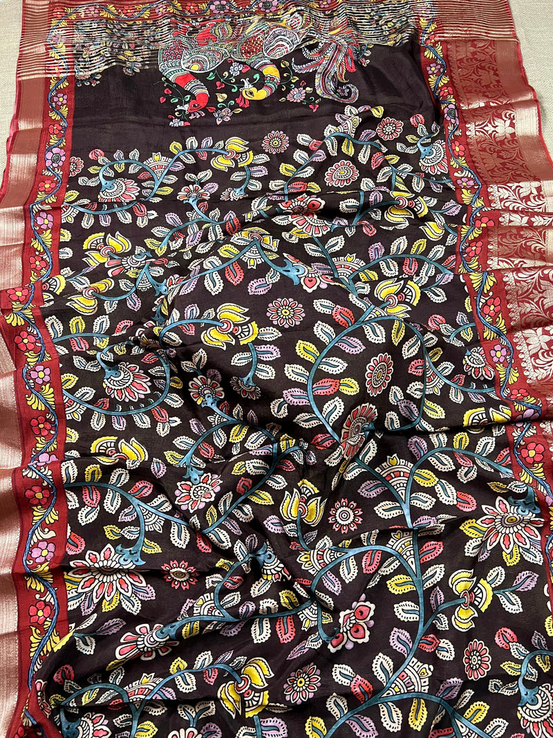 Brown color Pure Chanderi Kalamakari Printed Saree with Banarasi Borders | Kalamkari Prints | Gift For Her | Kaash Collection - Kaash
