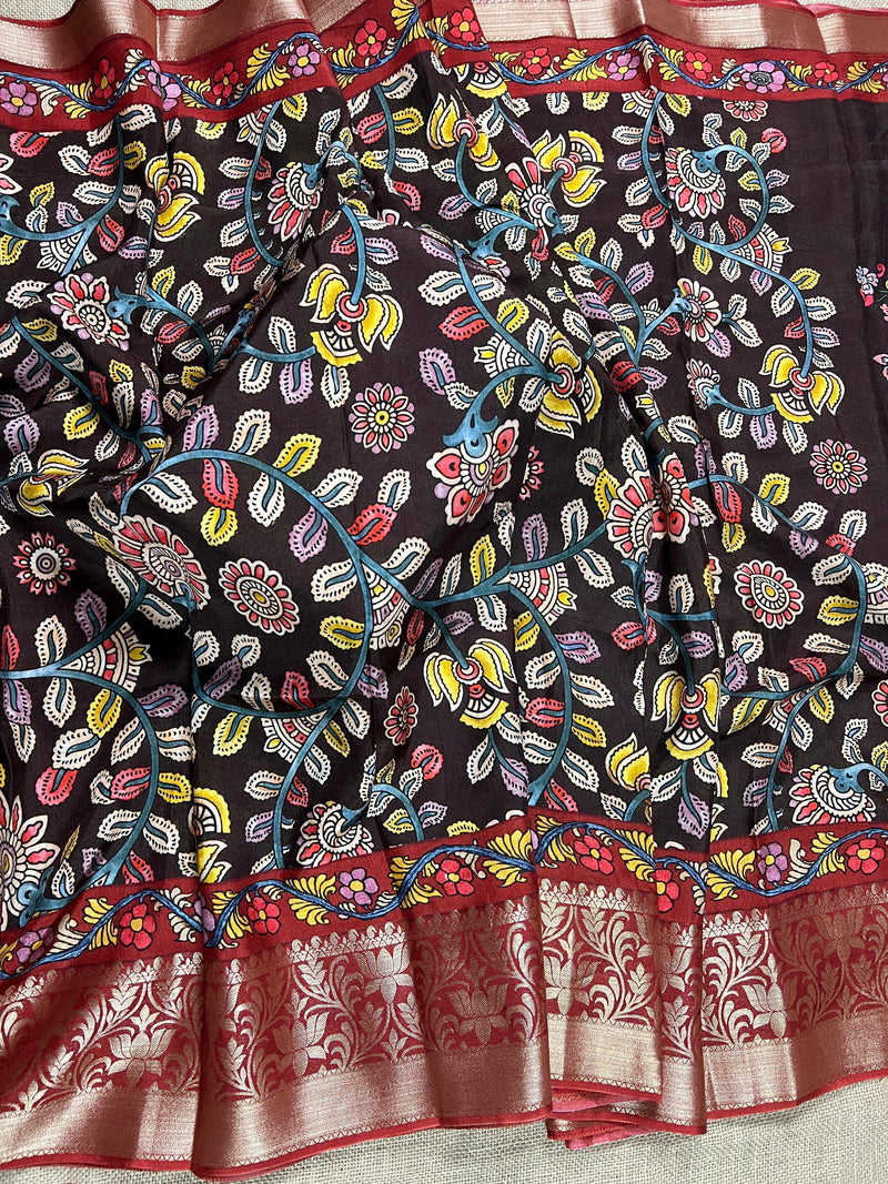 Brown color Pure Chanderi Kalamakari Printed Saree with Banarasi Borders | Kalamkari Prints | Gift For Her | Kaash Collection - Kaash