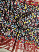 Brown color Pure Chanderi Kalamakari Printed Saree with Banarasi Borders | Kalamkari Prints | Gift For Her | Kaash Collection - Kaash