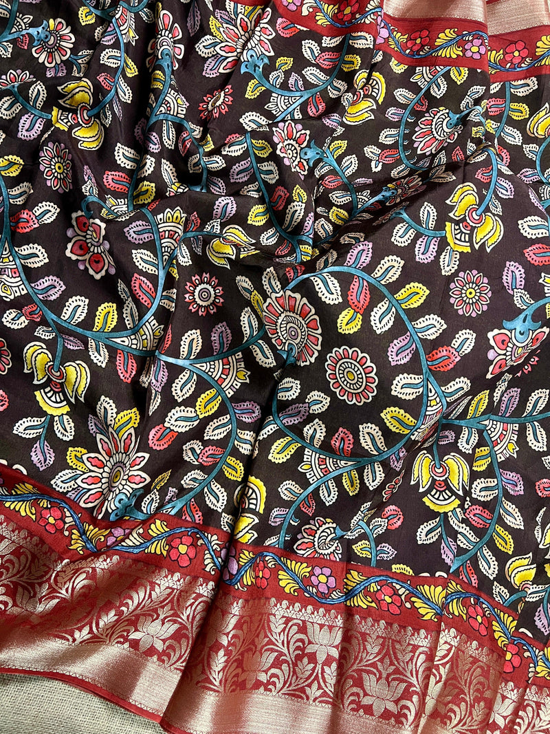 Brown color Pure Chanderi Kalamakari Printed Saree with Banarasi Borders | Kalamkari Prints | Gift For Her | Kaash Collection - Kaash