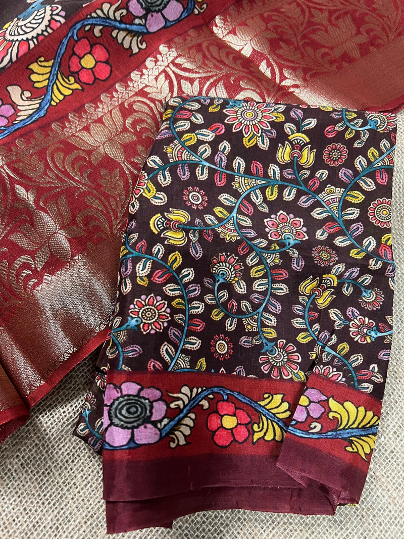 Brown color Pure Chanderi Kalamakari Printed Saree with Banarasi Borders | Kalamkari Prints | Gift For Her | Kaash Collection - Kaash