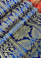Rusty Red with Blue Borders and Pallu Traditional Tanchoi Banarasi Silk Handloom Saree | Banarasi Silk Saree | Kaash Collection