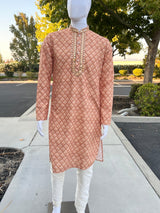 Light Peach men's kurta pajama in pure cotton with chikankari, block print, mirror & stone work — Kaash Collection