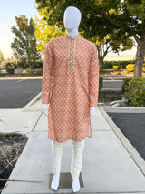 Light Peach men's kurta pajama in pure cotton with chikankari, block print, mirror & stone work — Kaash Collection