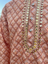 Light Peach men's kurta pajama in pure cotton with chikankari, block print, mirror & stone work — Kaash Collection