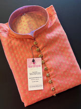 Coral Color Banarasi Silk Kurta Pajama Set for Men with small zari buttis Weaving - Kaash