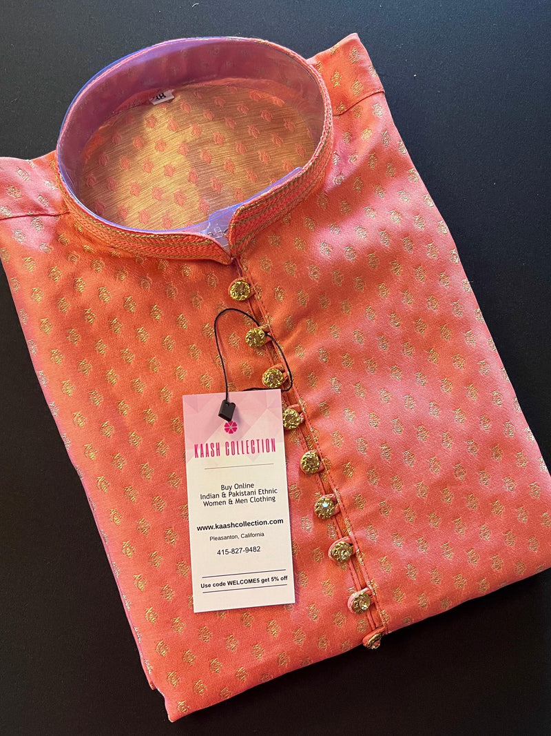 Coral Color Banarasi Silk Kurta Pajama Set for Men with small zari buttis Weaving - Kaash