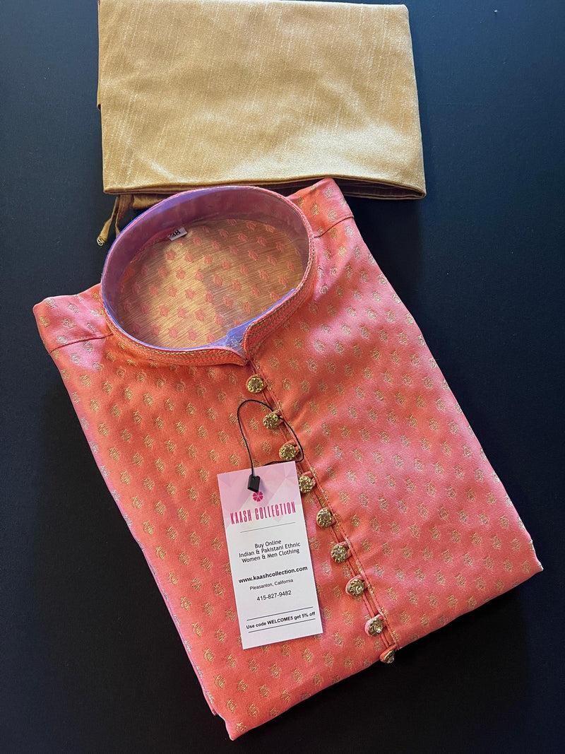 Coral Color Banarasi Silk Kurta Pajama Set for Men with small zari buttis Weaving - Kaash