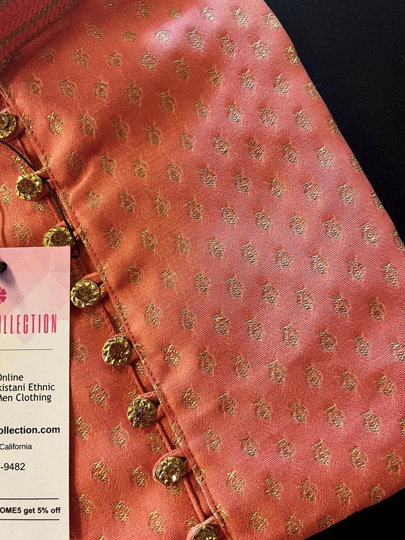 Coral Color Banarasi Silk Kurta Pajama Set for Men with small zari buttis Weaving - Kaash