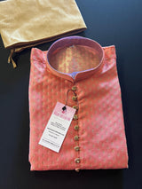 Coral Color Banarasi Silk Kurta Pajama Set for Men with small zari buttis Weaving - Kaash