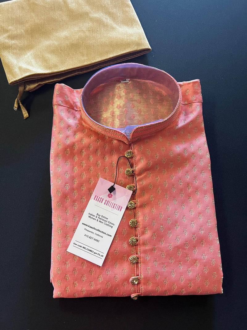 Coral Color Banarasi Silk Kurta Pajama Set for Men with small zari buttis Weaving - Kaash
