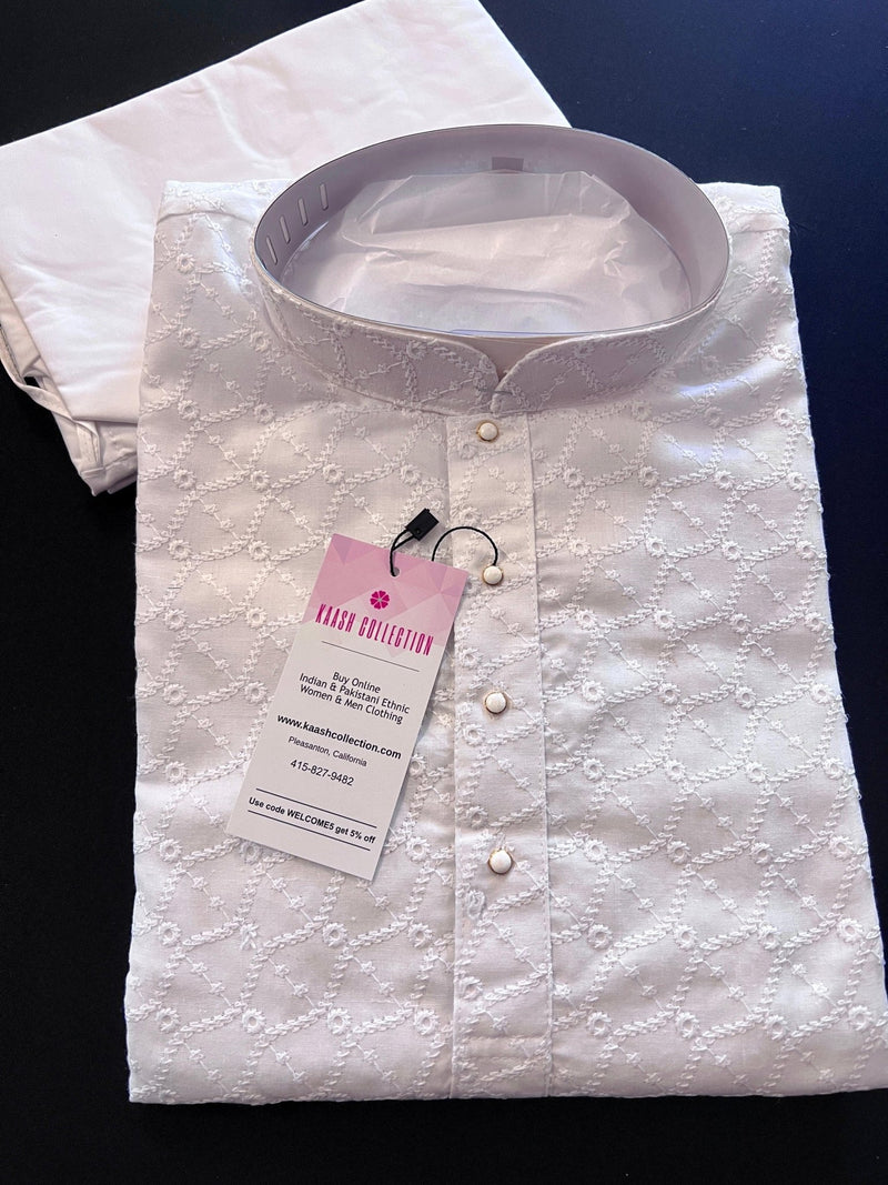 Pure White men's kurta pajama in pure cotton with lucknowi chikankari embroidery — Kaash Collection