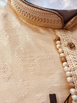 Cream men's kurta pajama in raw silk with self-embroidered with small buttis — Kaash Collection