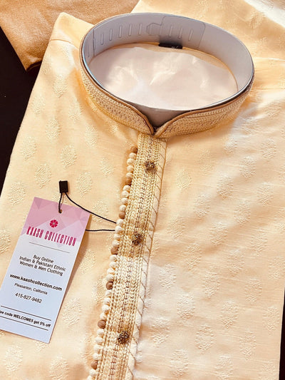 Cream men's kurta pajama in raw silk with self-embroidered with small buttis — Kaash Collection
