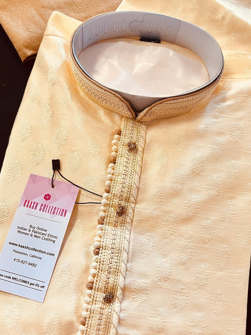 Cream men's kurta pajama in raw silk with self-embroidered with small buttis — Kaash Collection