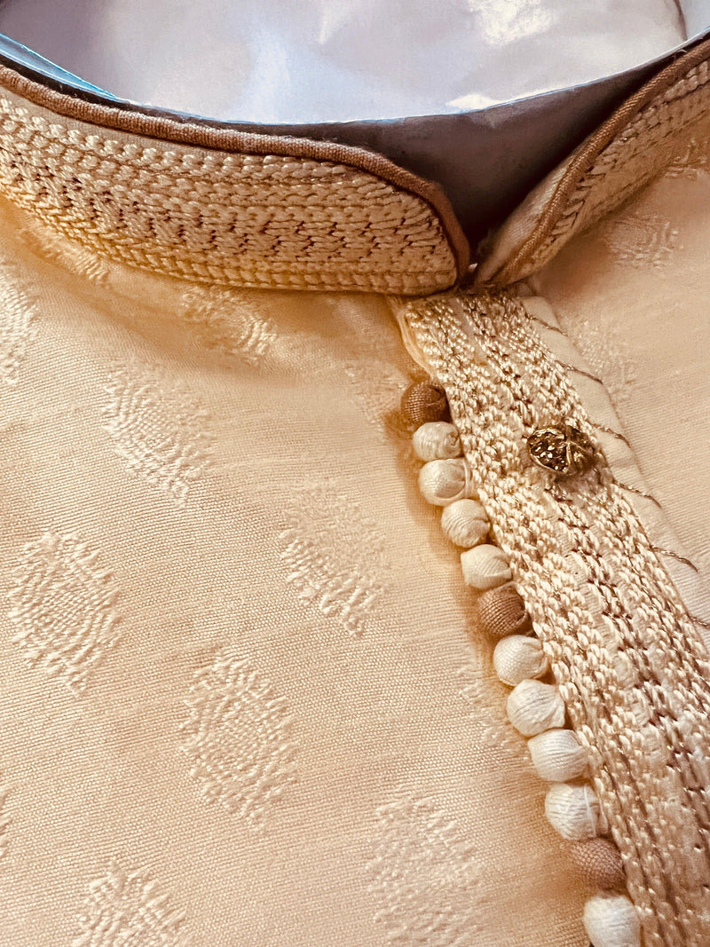 Cream Color Kurta with Gold Raw Silk Churidar Pajama | Kurta Pajama for Men | Indian Festival Men Kurta Pajama | Men Ethnic Wear - Kaash