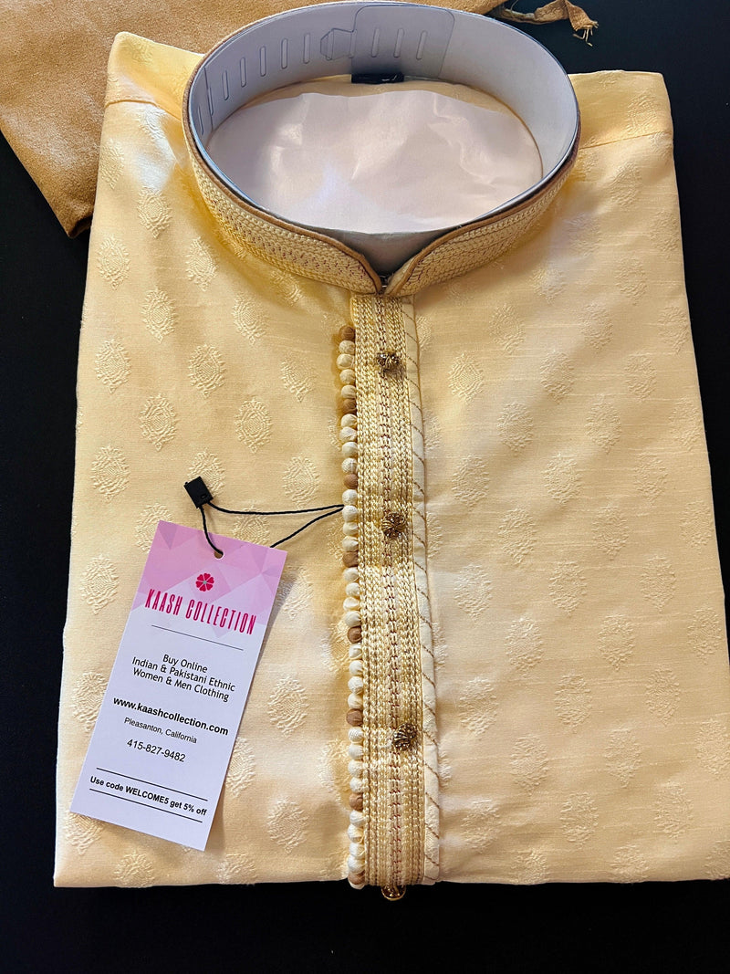 Cream Color Kurta with Gold Raw Silk Churidar Pajama | Kurta Pajama for Men | Indian Festival Men Kurta Pajama | Men Ethnic Wear - Kaash