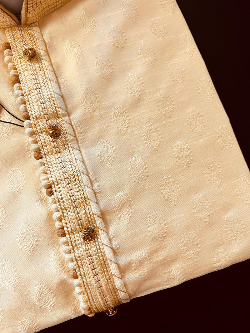 Cream Color Kurta with Gold Raw Silk Churidar Pajama | Kurta Pajama for Men | Indian Festival Men Kurta Pajama | Men Ethnic Wear - Kaash