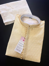 Cream men's kurta pajama in soft silk (non-pure) with self-design with lining — Kaash Collection