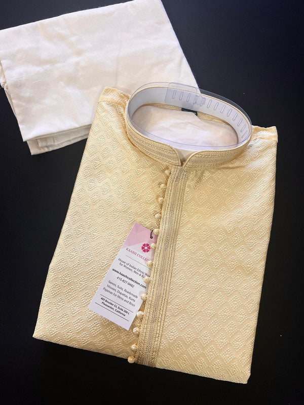 Cream Color Soft Silk Men Kurta Pajama with Self Design material with Lining | Kurta Pajama for Men for Weddings, Parties and Festivals - Kaash