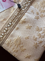 Creamy White with Tint of Gold men's kurta pajama in soft silk with floral embossed pattern with mirror & lace — Kaash Collection