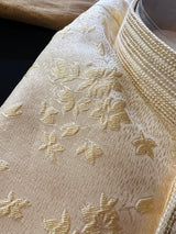 Creamy White with Tint of Gold men's kurta pajama in soft silk with floral embossed pattern with mirror & lace — Kaash Collection