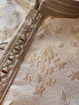 Creamy White with Tint of Gold men's kurta pajama in soft silk with floral embossed pattern with mirror & lace — Kaash Collection
