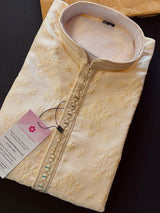 Creamy White with Tint of Gold men's kurta pajama in soft silk with floral embossed pattern with mirror & lace — Kaash Collection