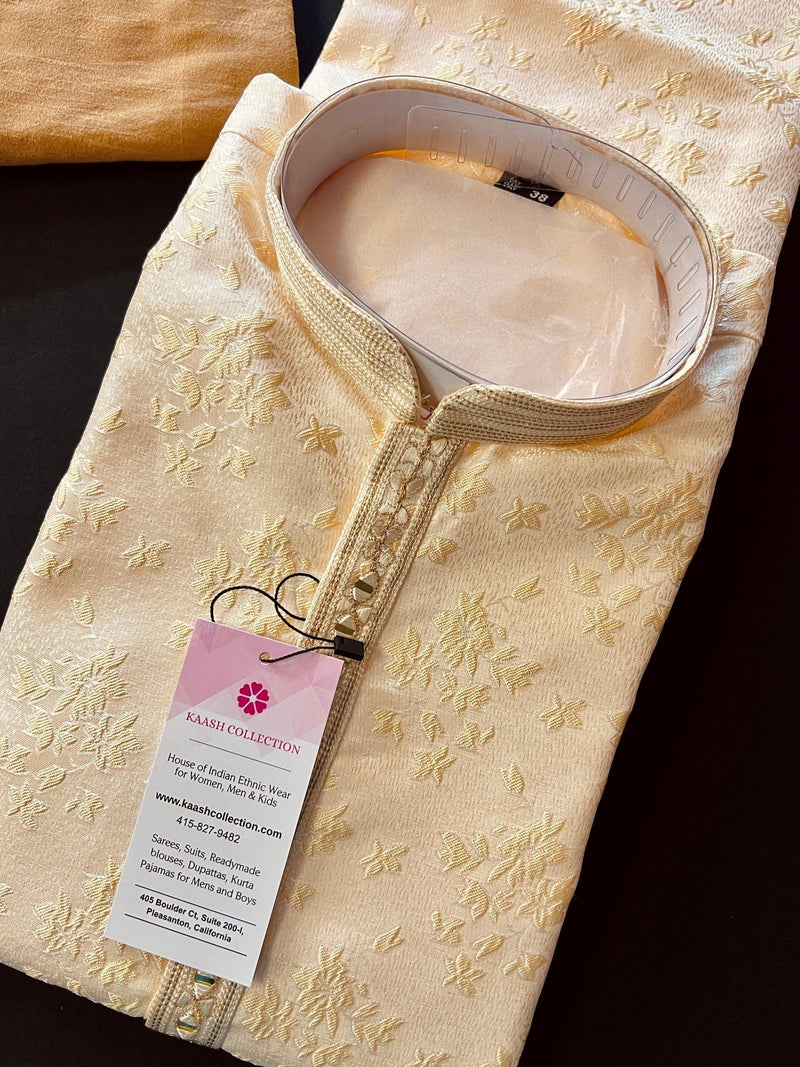 Creamy White with Tint of Gold men's kurta pajama in soft silk with floral embossed pattern with mirror & lace — Kaash Collection