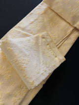 Creamy White with Tint of Gold men's kurta pajama in soft silk with floral embossed pattern with mirror & lace — Kaash Collection