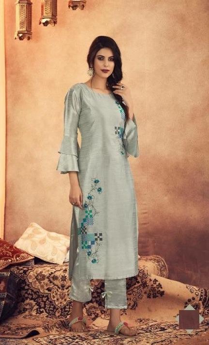 Steel color Raw Silk Kameez with Pants - Kaash Collection