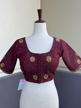 Dark burgundy Color Raw Silk Ready to Wear Blouse | Size 36 Readymade Blouse | Handwork Blouses | Padded Blouse | Blouses for Sarees - Kaash
