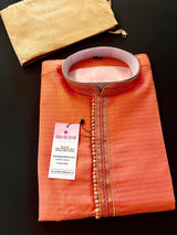 Dark Coral men's kurta pajama in soft silk with small embroidery buttis with neckline detail — Kaash Collection