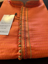 Dark Coral men's kurta pajama in soft silk with small embroidery buttis with neckline detail — Kaash Collection