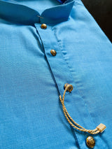 Dark Sky Blue men's kurta pajama in cotton silk with self-embroidery design material — Kaash Collection