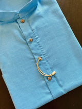 Dark Sky Blue men's kurta pajama in cotton silk with self-embroidery design material — Kaash Collection