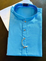 Dark Sky Blue men's kurta pajama in cotton silk with self-embroidery design material — Kaash Collection