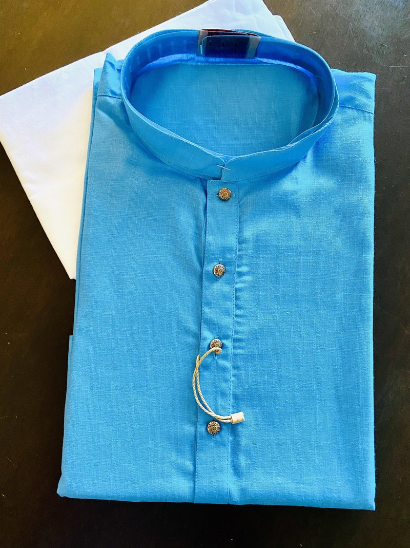 Dark Sky Blue men's kurta pajama in cotton silk with self-embroidery design material — Kaash Collection
