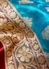 Banarasi Tanchoi Silk Handloom Saree in Sky Blue and Red color | Zari Weaving with Motifs | Tanchoi Silk Saree | Kaash Collection
