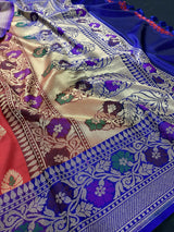 Deep Red with Blue Banarasi saree in banarasi silk with meenakari work with grand pallu — Kaash Collection