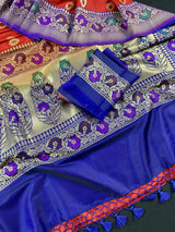 Deep Red with Blue Banarasi saree in banarasi silk with meenakari work with grand pallu — Kaash Collection