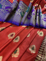 Deep Red with Blue Banarasi saree in banarasi silk with meenakari work with grand pallu — Kaash Collection