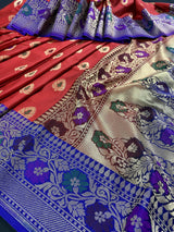 Deep Red with Blue Banarasi saree in banarasi silk with meenakari work with grand pallu — Kaash Collection