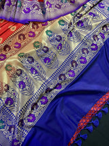 Deep Red with Blue Banarasi saree in banarasi silk with meenakari work with grand pallu — Kaash Collection